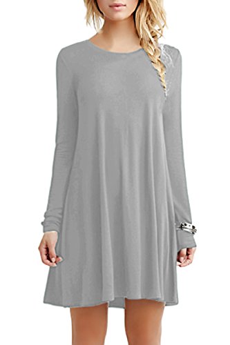 Yming Frauen Frühling Herbst Kleid Casual Langarm Tunika Rundhals Basic Blusenkeid Hell Grau XL von Yming