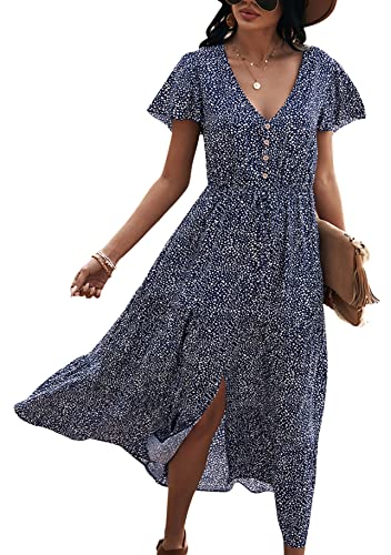 Yming Frauen Geknöpfte Rüschenkleider Böhmisches Blumenkleid Sommer Urlaubkleid Vintage Partykleider Blau L von Yming