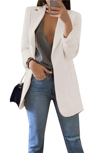 Yming Frauen Gepolsterte Schulter Offene Front Patchwork Blazer Jacken Plain Office Notched Baggy Blazer Jacken Weiß XXL von Yming