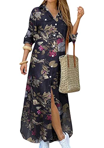 Yming Frauen Geschlitztes Hemdkleid Maxi Kleid mit Taschen Button Down Kleid Blumen Schwarz 2XL von Yming