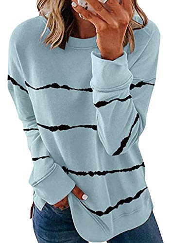 Yming Frauen Gestreift Top Langarm Lose Rundhals Sweatshirt Frizeit Oberteil Himmelblau 3XL von Yming