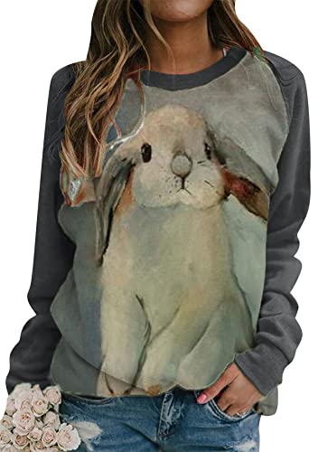 Yming Frauen Häschen Sweatshirt mit Langen Ärmeln Ostertag O Ausschnitt Pullover Grau Weiß M von Yming