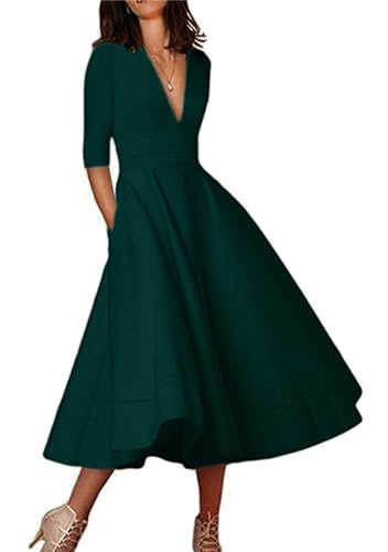 Yming Frauen Halbarm Cocktail Bankett Einfarbiges Kleid EIN Linienkleid Plus Size Green XL von Yming