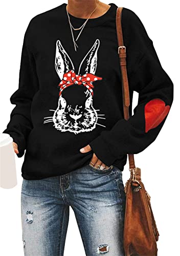 Yming Frauen Hasenmuster Sweatshirts Leichte Ostern Sweatshirt Casual Rundhalsausschnitt Pullover Schwarz L von Yming