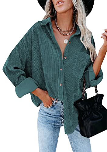 Yming Damen Vintage Cordhemd Shirt Plus Size Revers Jacke Grün M von Yming