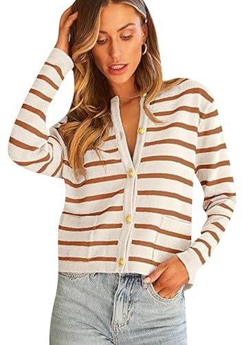 Yming Frauen Jacken Strickoberteile Cardigan Knopfverschluss Strickjacke mit Taschen Goldknöpfe Offene Front Strickjacke Karamell XXL von Yming
