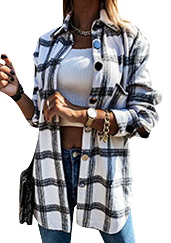 Yming Frauen Kariertes Jacke Plaid Hemd Button Down Langarm Karohemd Boyfriend Blusen E-Schwarz M von Yming