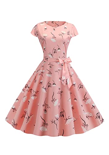 Yming Frauen Kleid Mit Kurzen Ärmeln Sexy Blumenkleid Audrey Hepburn Elegantes Ballkleid Trapezkleid Abendkleid Rundhalsausschnitt Vintage Kleid Rosa Blumen S von Yming