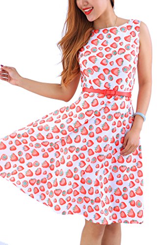 Yming Frauen Kleid Partykleid Knielang Vintage Kleid nkleid Swing Sommerkleid Rot Erdbeeren L/DE 40-42 von Yming
