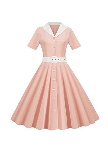 Yming Damen Kurzarm Audrey Hepburn Kleid Volltonfarbe Revers Kleider Tea Party Vintage Kleid Hellrosa S von Yming