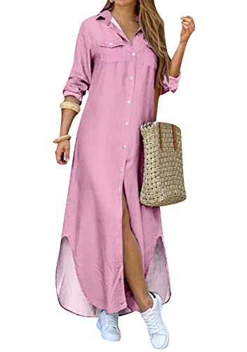 Yming Frauen Knopf Unten Kleid mit Taschen Langarm Hemdkleid Vorne Geschlitztes Maxikleid Rosa L von Yming