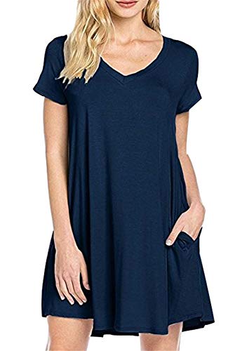 Yming Frauen Kurzarm Kleid Einfarbig V-Ausschnitt Kleid Swing Kleid Navyblau 2XL von Yming