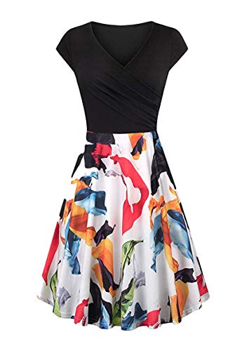 Yming Frauen Kurzarm Kleid Elegant Cocktail Kleid Sexy V-Ausschnitt Kleid Blumen/Blattweiß XXL von Yming