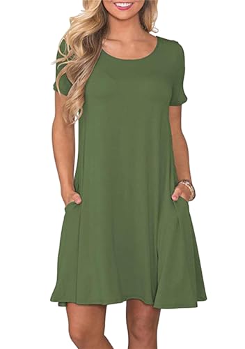 Yming Frauen Kurzarm Kleid Lose T-Shirt Kleid Rundhals Kleid mit Taschen Mini Kleid Armeegrün L/DE 40-42 Yming Frauen Kurzarm Kleid Lose T-Shirt Kleid Rundhals Kleid mit Taschen Mini Kleid Armeegrün L/DE 40-42 von Yming