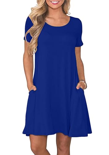 Yming Frauen Kurzarm Kleid mit Taschen Lose T-Shirt Kleid Rundhals Mini Kleid Saphir 3XL von Yming