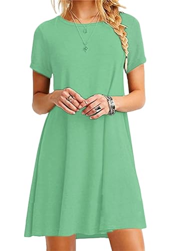 Yming Frauen Kurzarm T-Shirt rundem Hals Minikleid lässige Tunika Oberteile locker sitzendes Swing Kleid Hell Grün 4XL von Yming