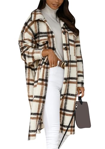 Yming Frauen Lässig Kariertes Revers Holzfäller Lange Jacke Mit Taschenknopf Vintage Bluse Kamel XXL von Yming