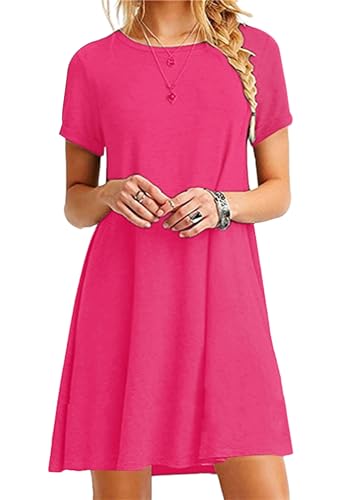 Yming Damen Kurzarm Casual Tunika Tops Loose Fit Swing Kleid Rundhalsausschnitt T-Shirt Minikleid Weinrot Kleid Rosa Rot M von Yming