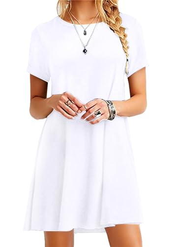 Yming Frauen Loose Fit Kurzarm T-Shirt mit Rundhalsausschnitt Minikleid Lässige Tunika Oberteile Swing Kleid Weiß L von Yming