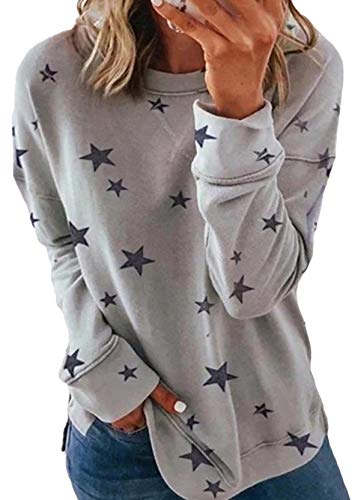 Yming Frauen Lässige Langarm Sweatshirts Casual Crewneck Sweatshirt Star Bluse Hellgrau L von Yming