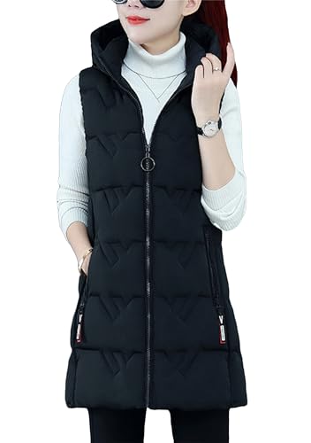 Yming Frauen Lang Wintermantel Vest mit Kapuze Ärmellose Warmer Daunenmantel mit Taschen Steppweste Daunenjacke Steppjacke Outdoor Weste Schwarz M von Yming