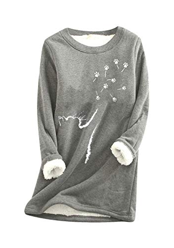 Yming Frauen Langarm Bedrucktes Pullover Nachahmung Lammhaar Top Katzenpfote Rundhals Pullover MZ-Grau M von Yming