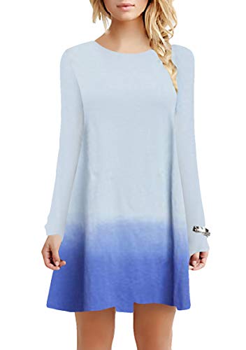 Yming Frauen Langarm Blusenkleid Casual Farbverlauf Kleid Rundhals Minikleid Himmelblau L/DE 40 von Yming