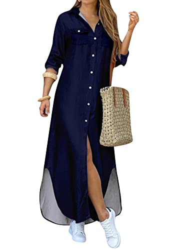 Yming Frauen Langarm Button Up Shirts Kleid Plus Size Gestreifter Blumendruck Lässige Lose Maxi Kleider CS ZANGLAN L von Yming