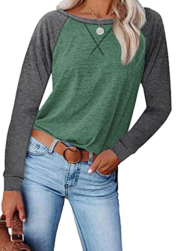 Yming Frauen Langarm Casual Solid T Shirt Mode Rundhals Tunika Fit T Shirt Sommer Basic Tunika Bluse Grün XL von Yming