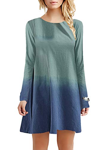Yming Frauen Langarm Freizeitkleid Farbverlauf Kleid Rundhals Casual Farbverlauf Kleid Armeegrün XL/DE 42 von Yming