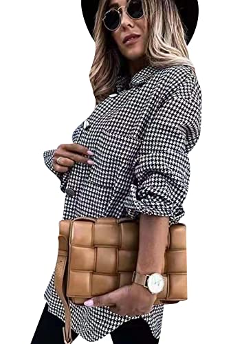 Yming Frauen Langarm Holzfällershirt Kariertes Freizeithemd Herbst Plaid Karobluse E-Hahnentritt M von Yming