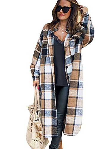 Yming Frauen Langarm Karierte Jacke Vintage Plaid Mantel Button Down Boyfriend Blusen HK-Braun L von Yming