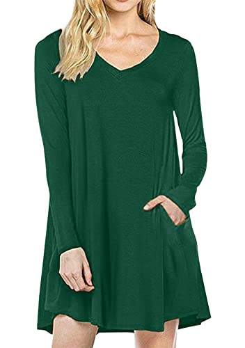 Yming Frauen Langarm Kleid Freizeit Einfatbig Kleid V-Ausschnitt Kleider Grün 4XL von Yming