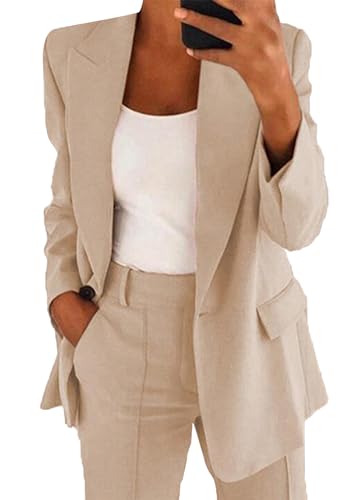 Yming Frauen Langarm Offene Front Blazer Casual Lose Revers 2PCS Blazer Anzüge Einfarbige Büro Jacke Aprikose M von Yming