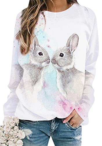 Yming Frauen Langarm Pullover Casual Kaninchen Sweatshirt Ostern Print Rundhalsausschnitt Sweatshirts Pärchen Hase S von Yming