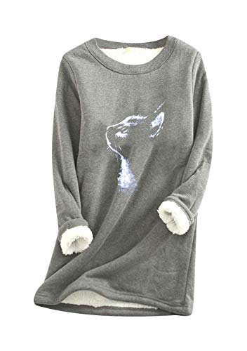 Yming Frauen Langarm Pullover Nachahmung Lammhaar Pullover Katze Top Dicker Bedrucktes Pulli M-Grau XL von Yming
