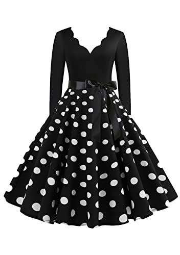 Yming Frauen Langarm Rockabilly Kleider Punktmuster Kleider Sexy Abendkleid Mit Gürtel Retro Partykleid Schwarz 3XL von Yming