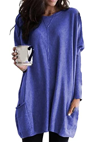 Yming Frauen Langarm Sweatshirts Mit Taschen Einfarbig Sweatshirts Rundhals Pullover Blau 3XL Yming Frauen Langarm Sweatshirts Mit Taschen Einfarbig Sweatshirts Rundhals Pullover Blau 3XL von Yming
