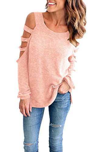 Yming Frauen Langarmshirt Rundhals Baumwolleshirt Schuterfreies Tops Rosa S von Yming