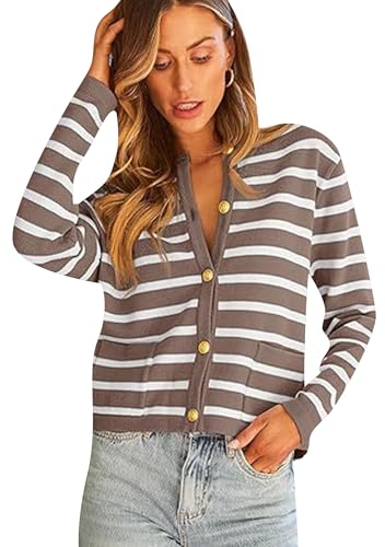 Yming Frauen Langarmstrickwaren mit Tasche Gestreifter Cardigan Pullover Rundhals Goldknöpfe Cardigan Braun Weiß XL Yming Frauen Langarmstrickwaren mit Tasche Gestreifter Cardigan Pullover Rundhals Goldknöpfe Cardigan Braun Weiß XL von Yming