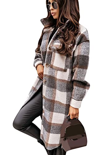 Yming Frauen Lange Karierte Hemden Vintage Button Down Bluse Holzfäller Boyfriend Shacket Coat Grau L von Yming
