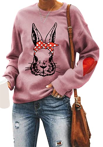 Yming Frauen Leichte Langarm Pullover Casual Ostern Print Sweatshirt Rundhalsausschnitt Sweatshirts Rosenrot M von Yming