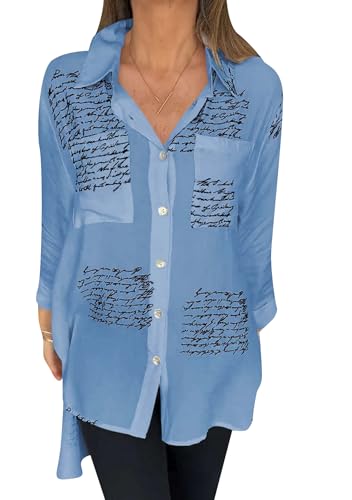 Yming Frauen Leichte Pendler Einfarbige Bluse Retro Cozy Business Soft Freizeit Bluse Hellblau 5XL von Yming