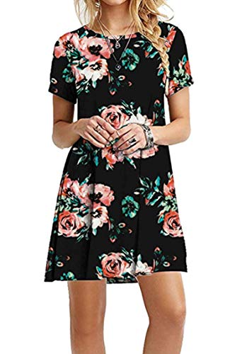 Yming Frauen Lockeres Kleid Rundhals Blusenkeid Kurzarm Lange Shirt Casual Sommerkleid Midi Schwarz Rot Blumen L/DE 40 von Yming