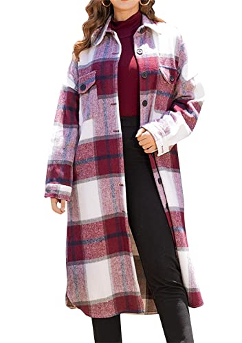 Yming Frauen Plaid Langarm Casual Holzfäller Side Schlitz Cardigan Plus Size Jacke mit Tasche Weinrot L von Yming