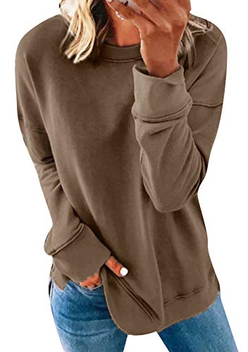 Yming Frauen Lose Langarm Sweatshirt Rundhals Shirts Einfarbig Oberteil Khaki L von Yming