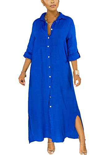 Yming Frauen Lose Roll Up Ärmel Kleider Knopf Seite Schlitz Kleid Solid Farbe Shirt Kleid Royal Blau XXL von Yming
