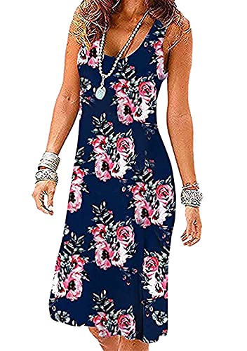 Yming Frauen Lose Sommerkleid SchulterfreiKleid Basic Falten Kleid Lose Knielang Kleid Dunkelblaue Pfingstrose M von Yming