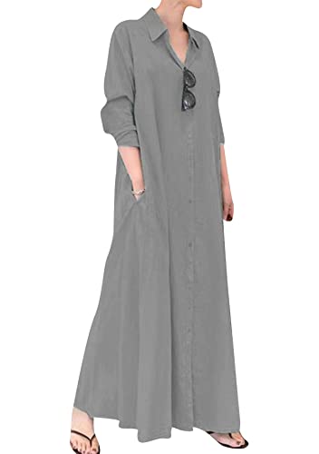 Yming Frauen Maxi Leinen Kleid Casual Button Down Bluse Kleid Casual Plus Size Revers Kleid Grau 5XL von Yming