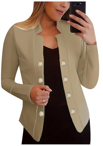 Yming Frauen Offene Front Normale Baggy Mittellange Strickjacke Doppelreihig Dünn Basic Simple Style Blazer Jacken Khaki L von Yming